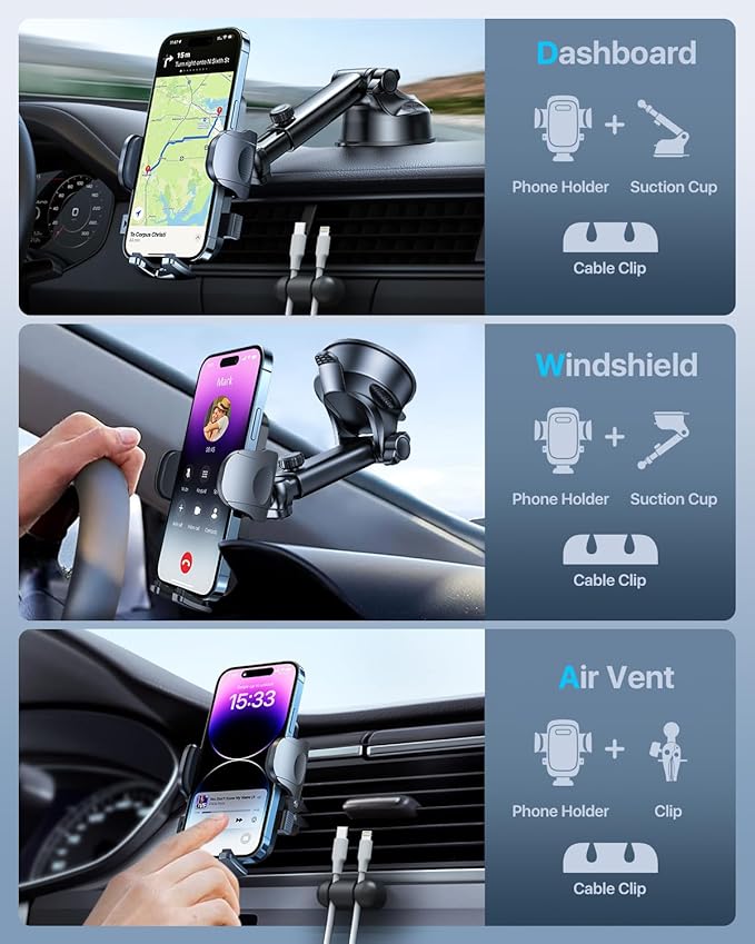 2025 Ultimate Car Phone Holder【80+LBS Strongest Suction & Military-Grade】 Universal Cell Phone Holder Truck Car Mount for Dashboard Windshield Air Vent for iPhone 17 16 Pro Max 15 Samsung 2pcs,Grey