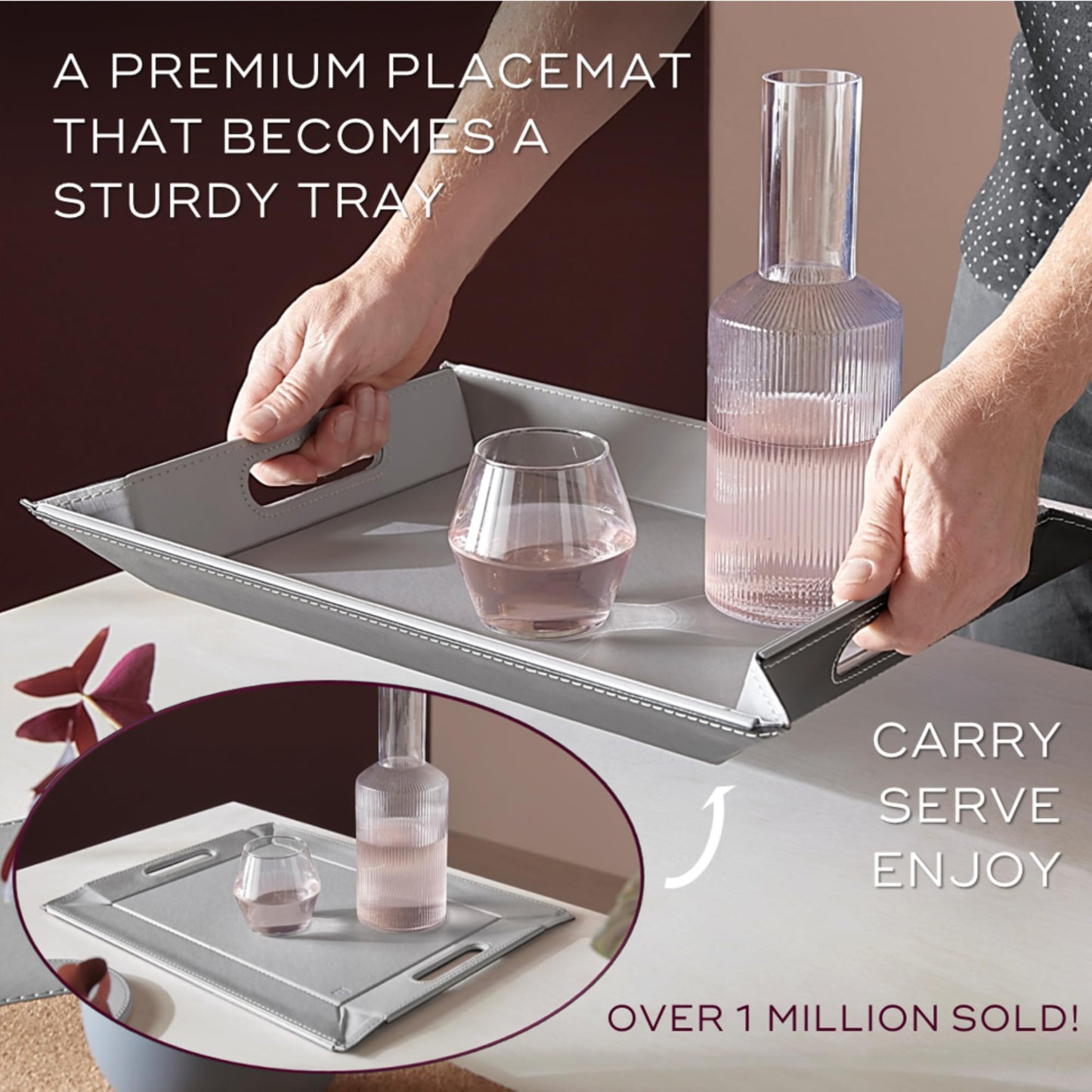 FREEFORM PLACEsMAT 2-in-1 Faux Leather Placemat & Serving Tray | Reversible Design, Lays Flat & Easy to Clean | Ottoman Food Tray, Perfect Housewarming Gift, 18” x 14” (Blue & Taupe, Set of 4)