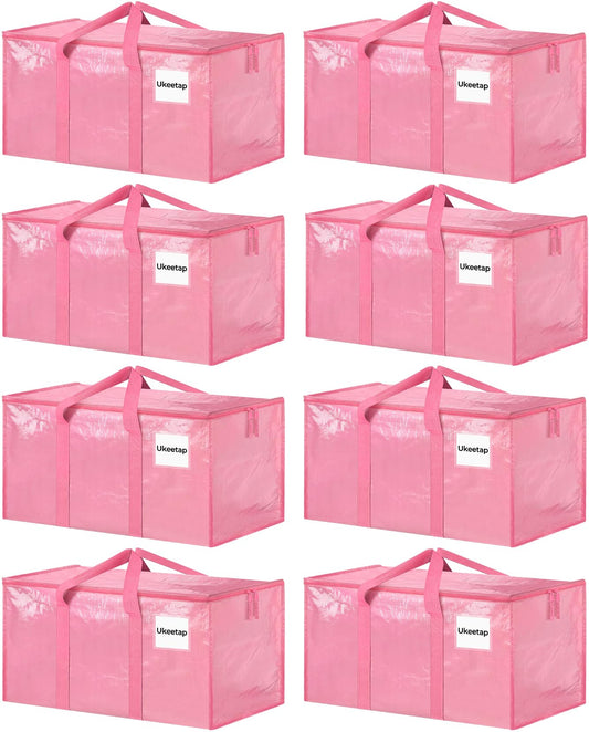 8 Pack Extra Large Heavy Duty Moving Bags, Pink Storage Bins with Lids, Reinforced Handles & Heavy-Duty Zippers Moving Boxes Storage Bags Totes for Clothes Packing, Dorms, College Supplies, Pink