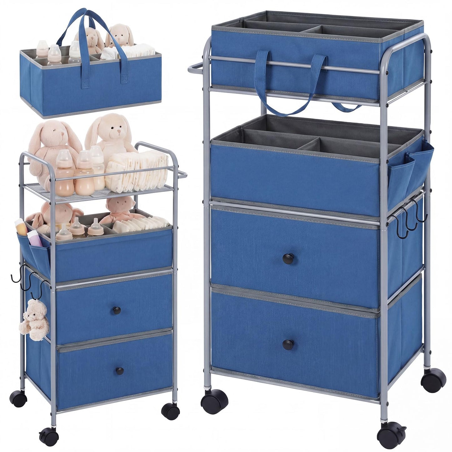 FoldTier 3In1 Baby Diaper Caddy Organizer Cart 4 Tier Large Capacity Metal Utility Bedside Rolling Cart with Divider Newborn Registry Nursery Essential Must Have Bedroom Gift Baby Shower (Blue)