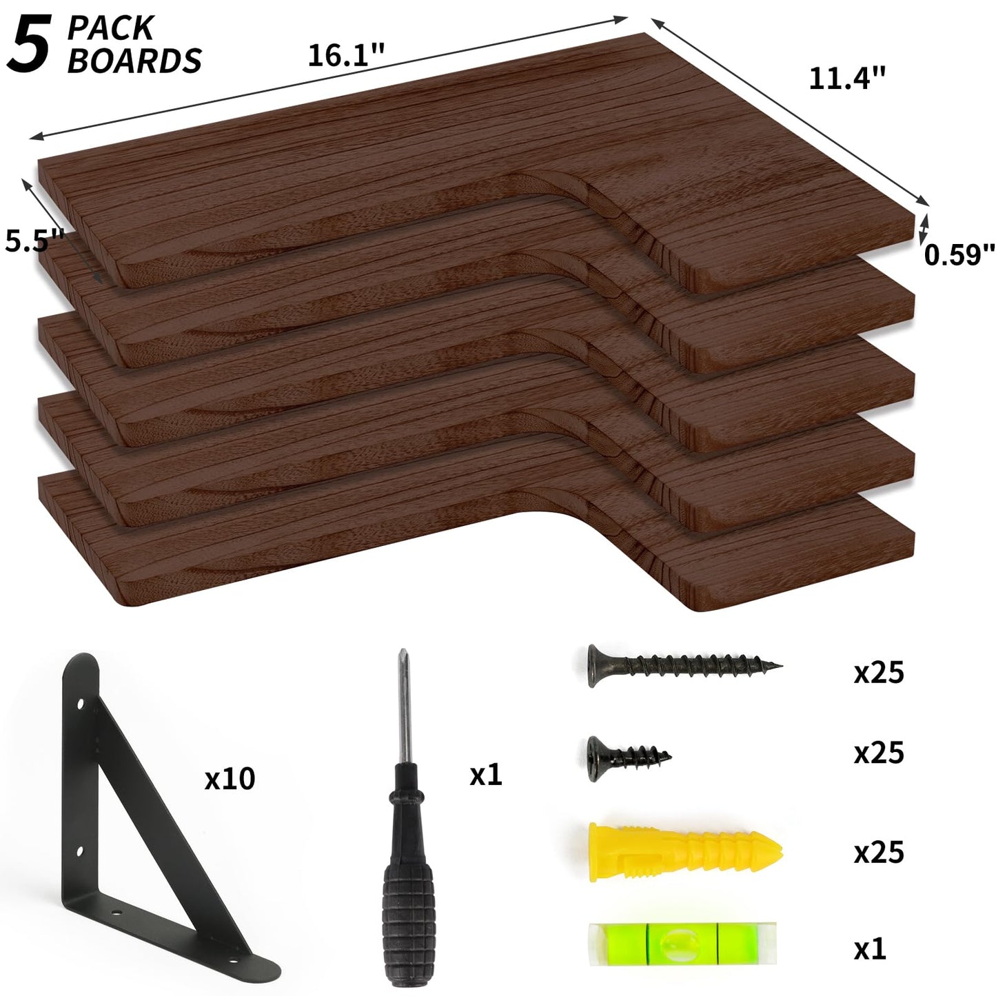Fixwal Floating Shelves for Wall Set of 5, Rustic Wood Wall Mounted Corner Shelf for Bathroom, Kitchen, Bedroom, Home Decor, Laundry Room, Living Room (Walnut Brown)