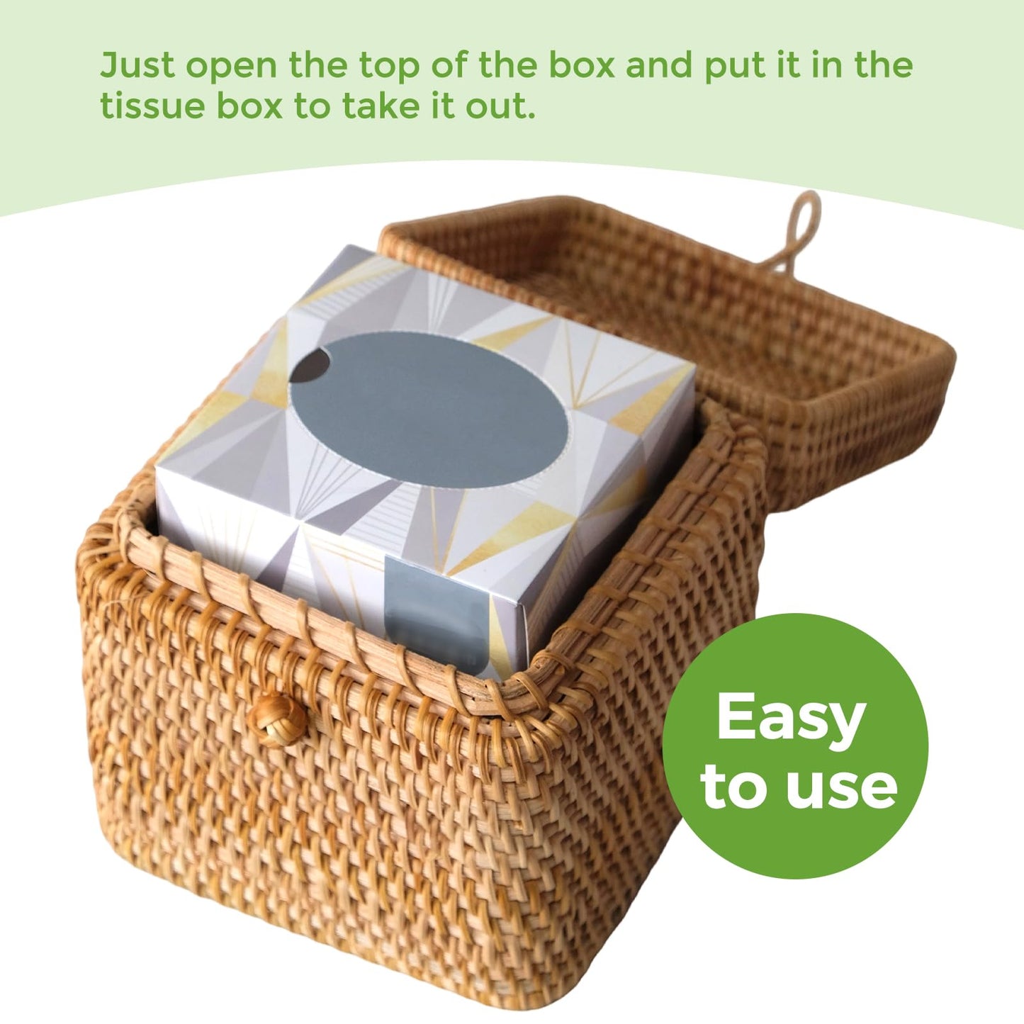 Rattan Tissue Box Cover Square, Handwoven Wicker Tissue Box Holder with Hinged Top Lid, Decorative Tissue Holders for Bathroom Living Room Kitchen Office, Natural