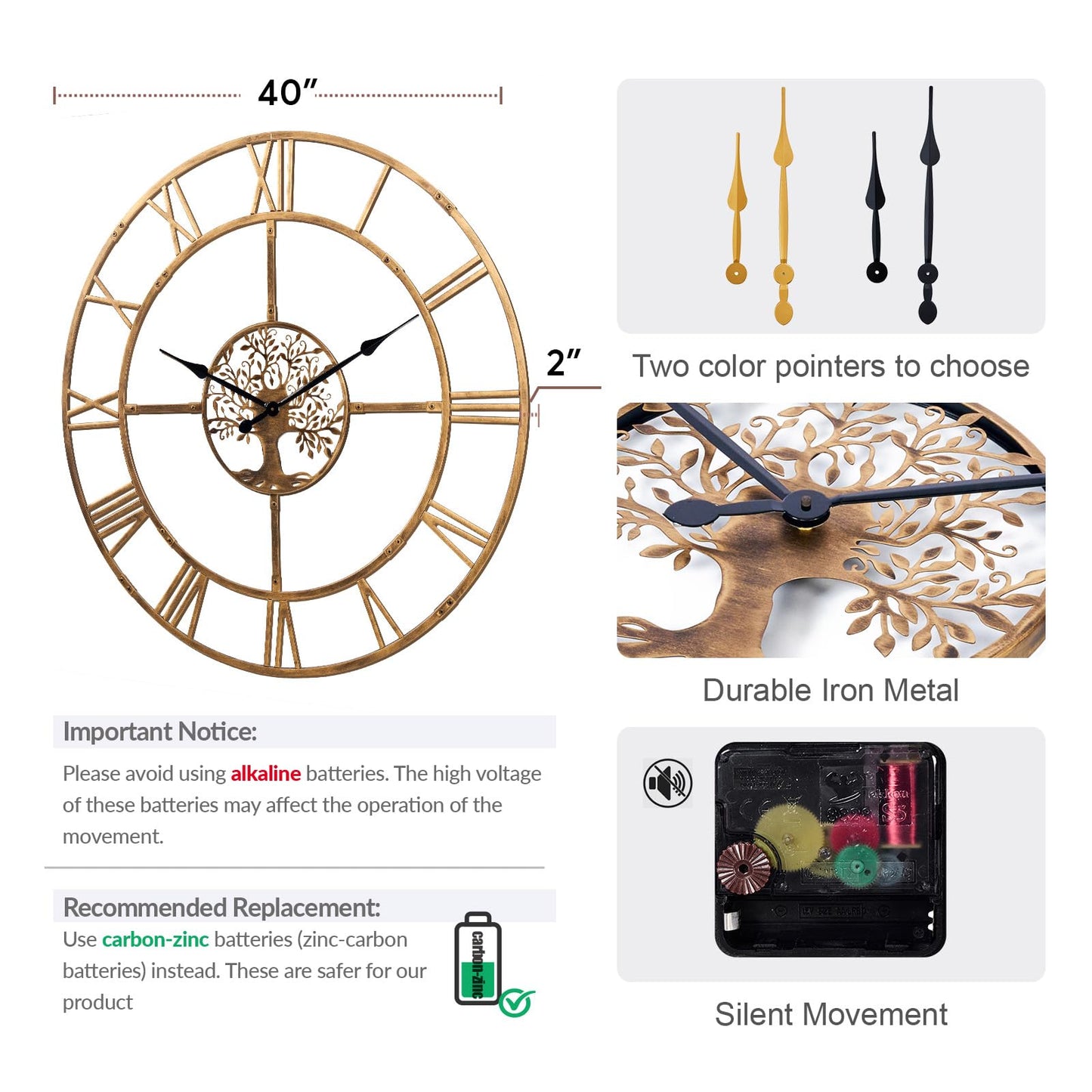Ohweog 40 Inch Large Wall Clock for Living Room(Quick Assembly) – Bronze Metal Clock with Nature-Inspired Tree Design, Silent Non-Ticking, Battery Operated Roman Numeral Wall Clock for Home Decor