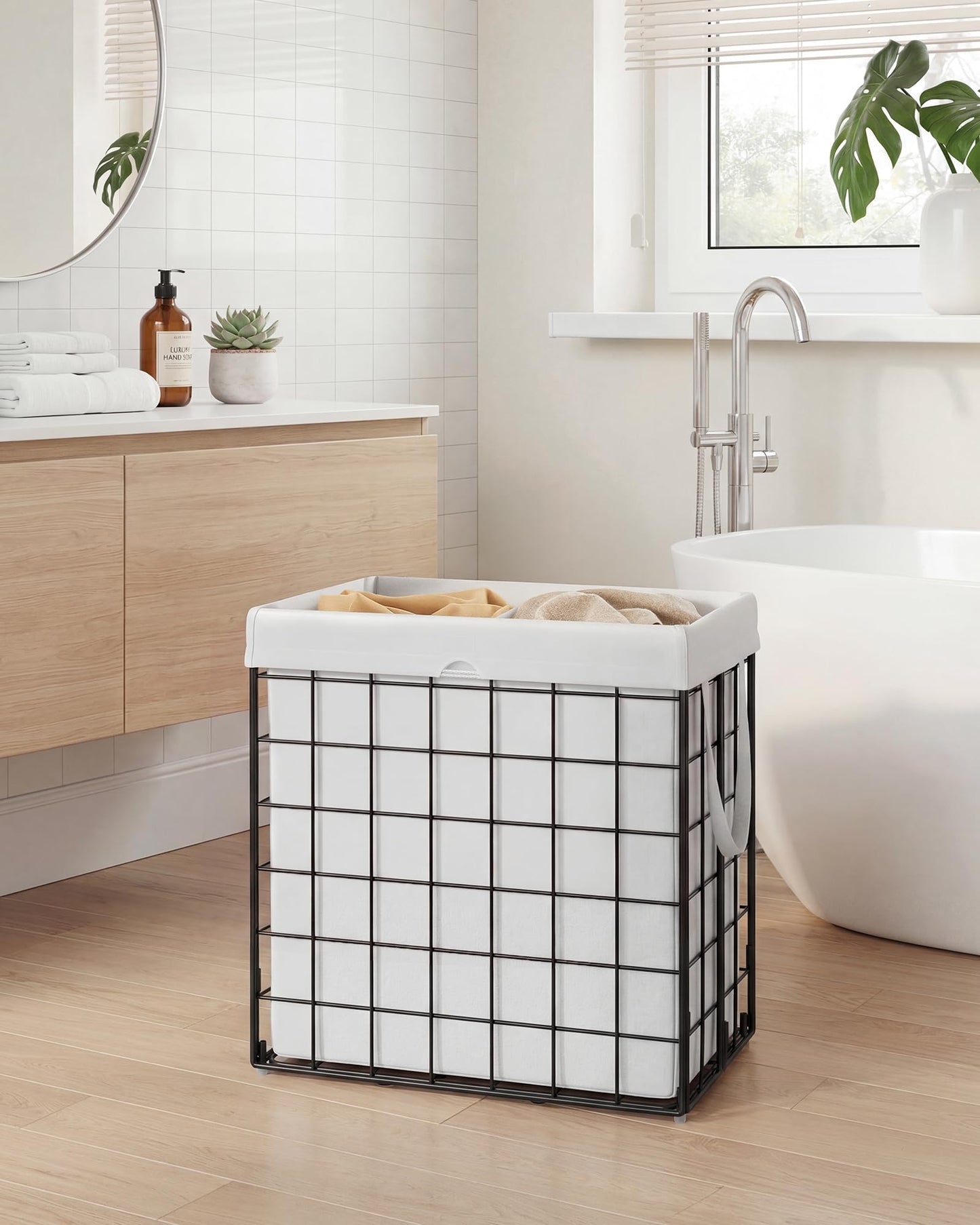 SONGMICS HOME Laundry Basket, Foldable Laundry Hamper, Clothes Hamper, Removable Liner with Handles, for Bedroom, Bathroom, 34.3 Gal. (130 L), White