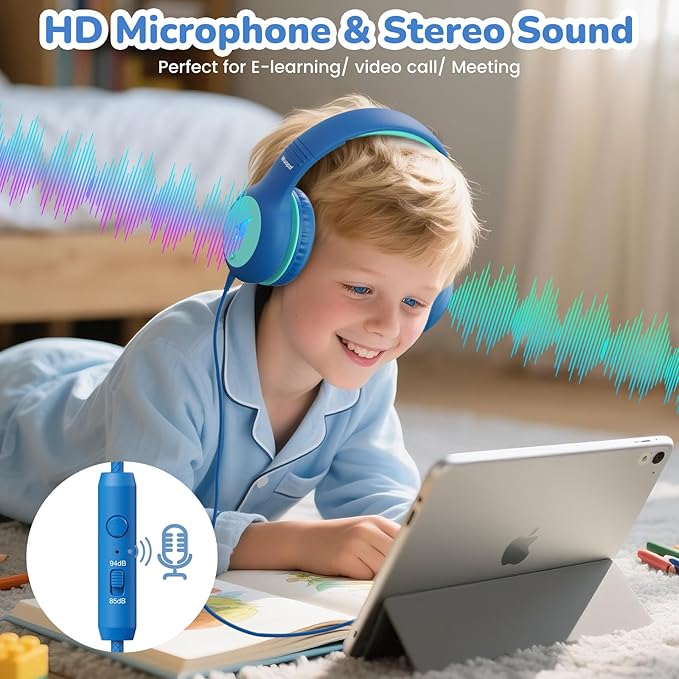 Kids USB C Headphones for School, 2025 Upgrade Safe Listening Wired Over-Ear Headphones with LED Lights, Volume Limiter & Microphone, Foldable Design for iPhone 16, iPad, Tablet