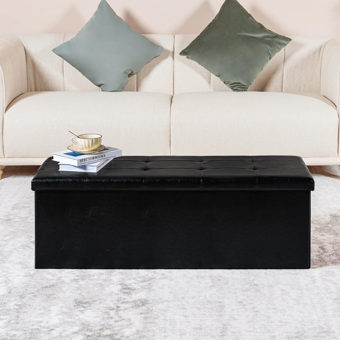PINPLUS Folding Storage Ottoman Bench, Black Faux Leather Long Ottoman Chest, Footrest Seat, Blanket Storage for Living Room Bedroom Office Hallway, 43.3"x15"x15"