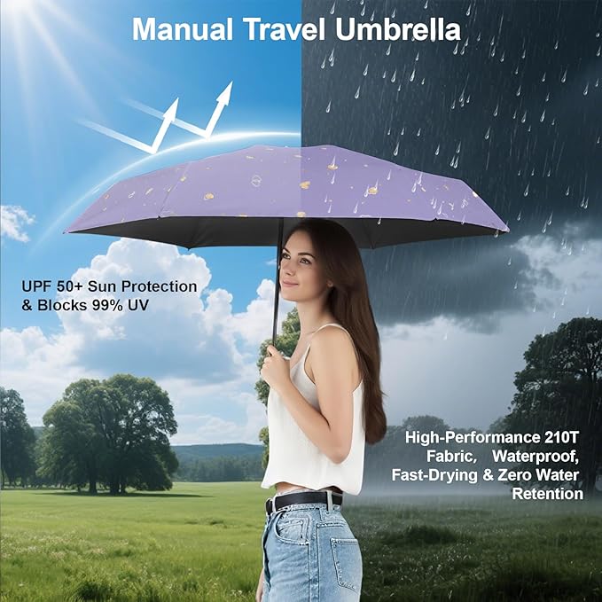 Compact Travel Umbrella - Mini Manual Umbrella for Purse, Windproof & UPF 50+ Sun & Rain Protection, Lightweight Portable Folding with Case for Women, Men，Kids