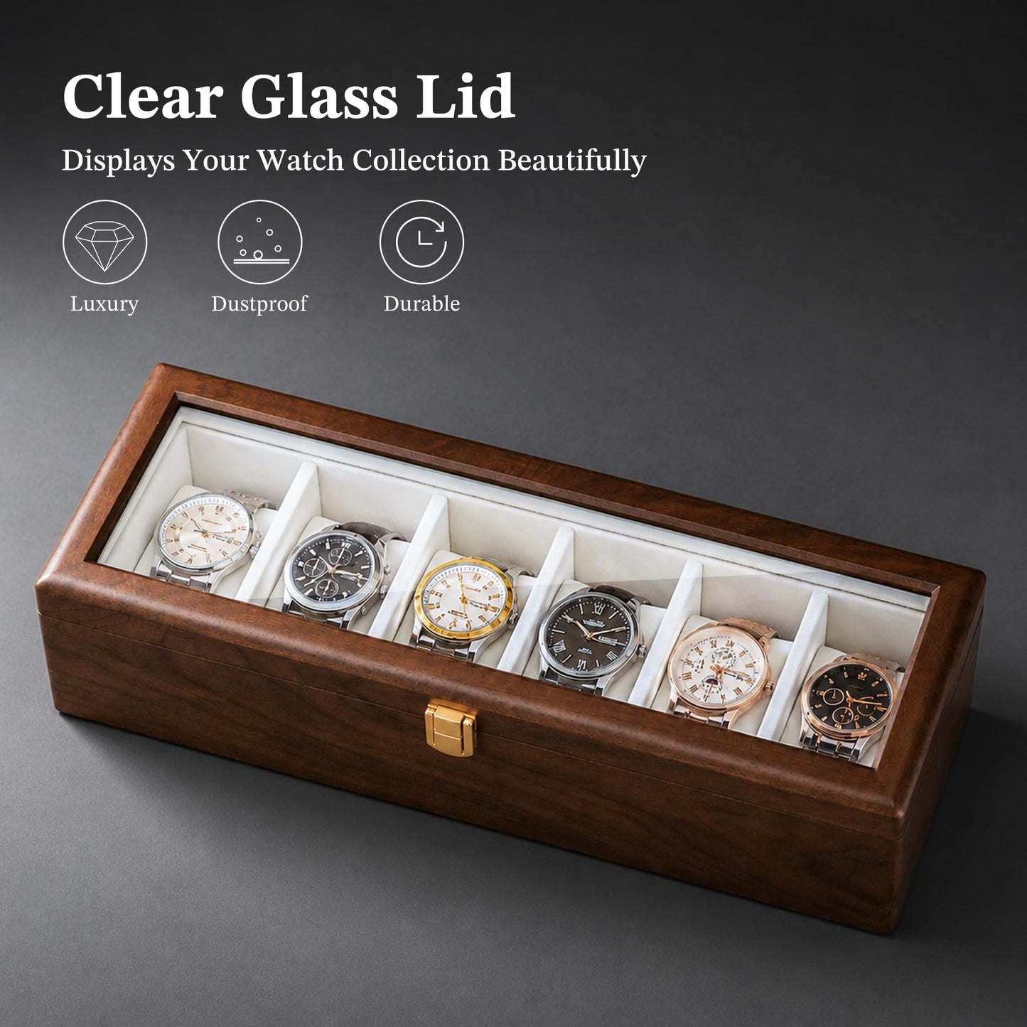Solid Black Walnut Watch Box, 6 Slot Wooden Watch Organizer with Glass Lid, High-End Watch Display Case Jewelry Storage Box, Gift for Husband, Dad, Birthday, Anniversary, Father’s Day, Men and Women