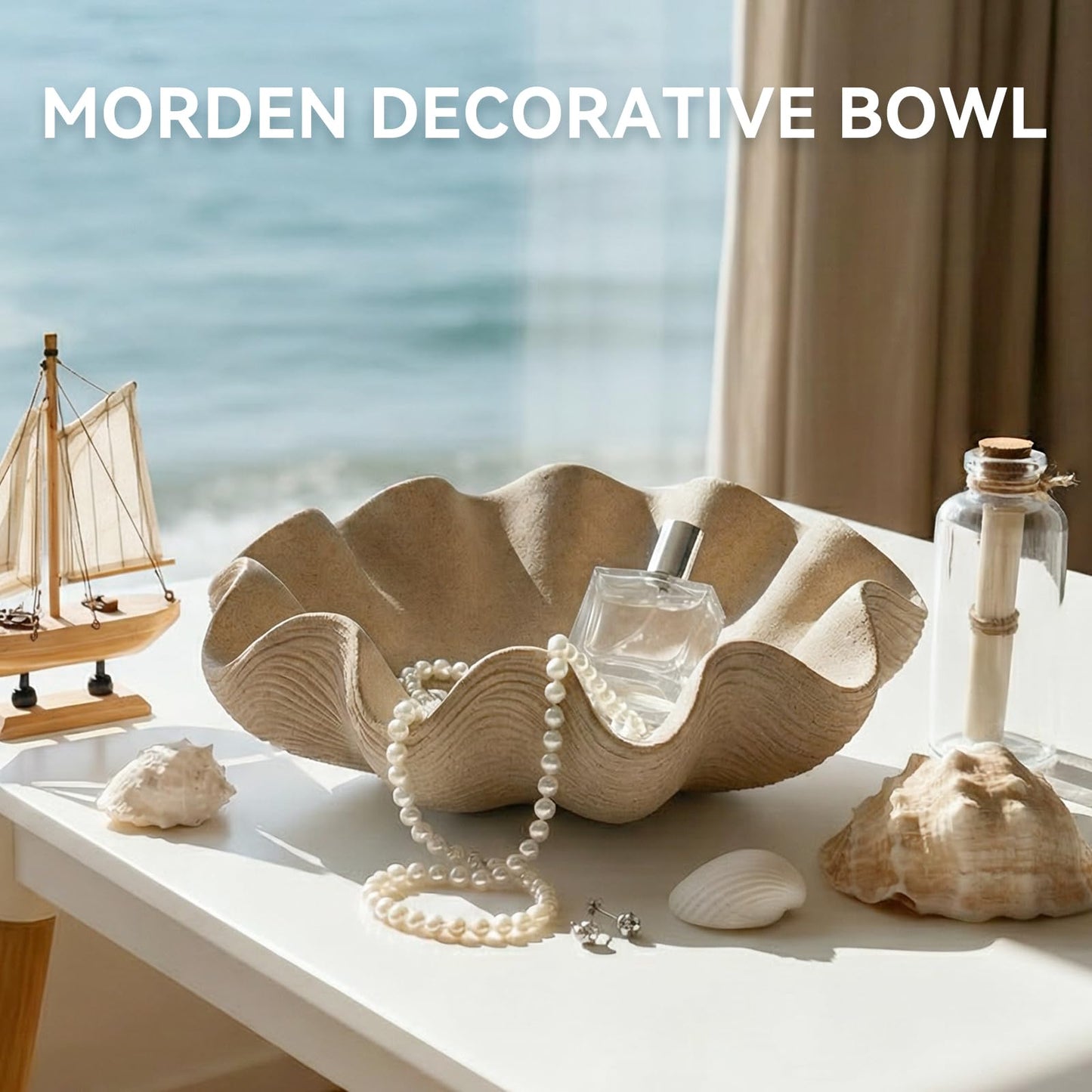 KEWOOL Scalloped Decorative Bowl Home Decor - 12.6" Modern Handicraft Large Shell Ruffle Decorative Fruit Bowl for Kitchen Counter, Chic Key Tray for Entryway Table, Artificial Stone Beige