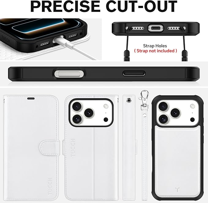 TUCCH 2-in-1 Detachable Wallet Case for iPhone 17 Pro (6.3-inch) 2025, Wireless Charging | RFID Blocking 4 Card Holder | Wrist Strap | Kickstand | Magnetic | PU Leather | Protective Flip Cover | White