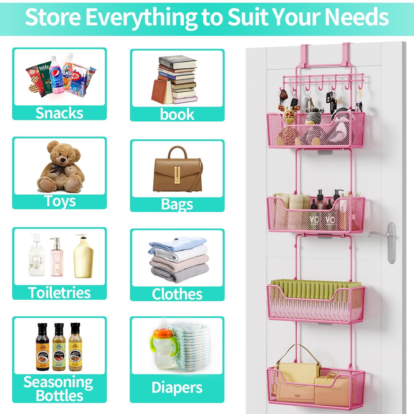 HapiRm Over Door Organizer Storage - Hanging Door Organizer with 4 Metal Large Capacity Baskets and Adjustable Coat Hook for Bathroom Bedroom Kitchen Pantry Closet Cabinet