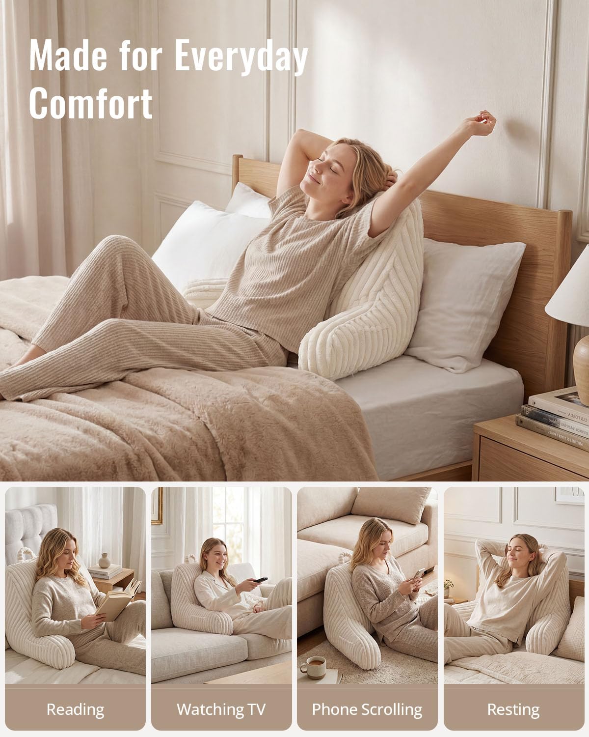 Blissful Diary Reading Pillow for Sitting in Bed, Flannel Back Pillow Bed Sitting Up for Adult & Children, Backrest Cushion for Sit Up in Couch or Floor, Dorm Essentials, Cream White