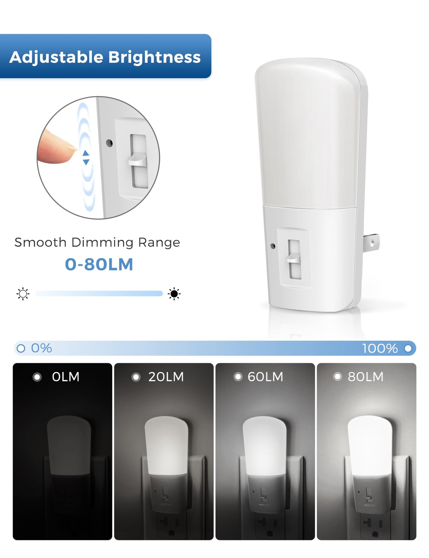 L LOHAS LED Dimmable Night Light[4 Pack], Plug in Night Light with Dusk to Dawn Sensor, Daylight 5000k from 0-80 LM Brightness Adjustable, Bright Mini Wall Night Light for Kids Room, Stairway