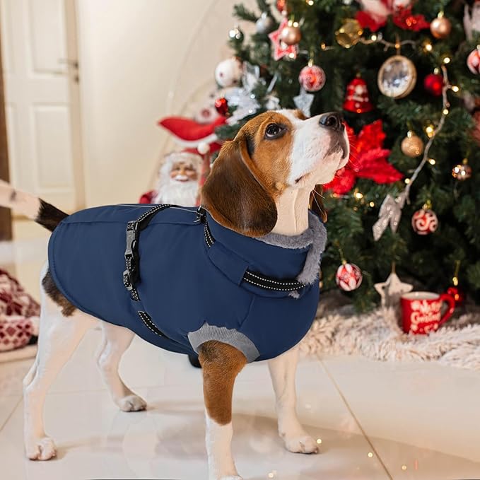 AOFITEE Dog Jacket, Large Dog Coat with Harness Built in, Warm Fleece Lined Pet Winter Jacket with Zipper & Furry Collar, Waterproof Pet Snow Coat Snowsuit for French Bulldog, Blue L