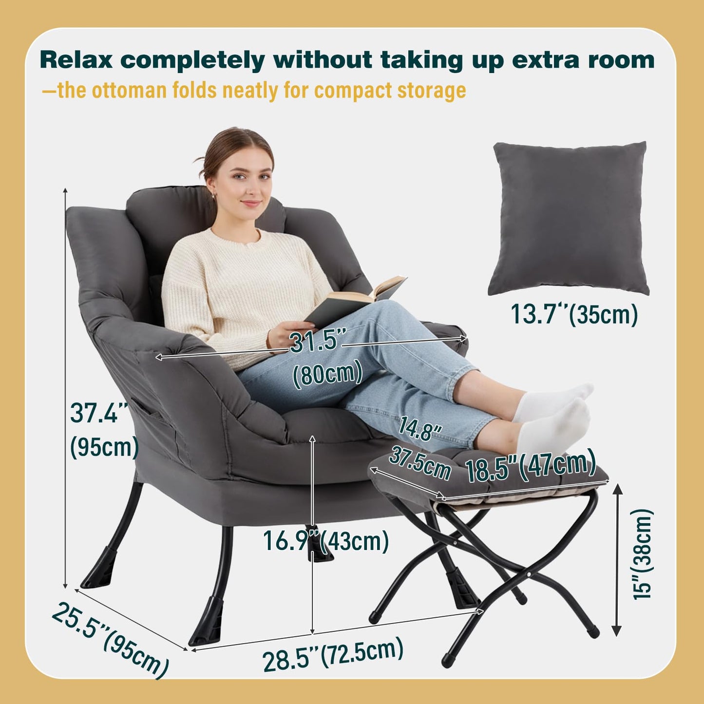 HomEastlly Lazy Chair with Ottoman, Large Accent Chair with Ottoman and a Throw Pillow, Dark Grey Reading Chair for Living Room Bedroom Dorm Room Office Apartment Relaxing Use