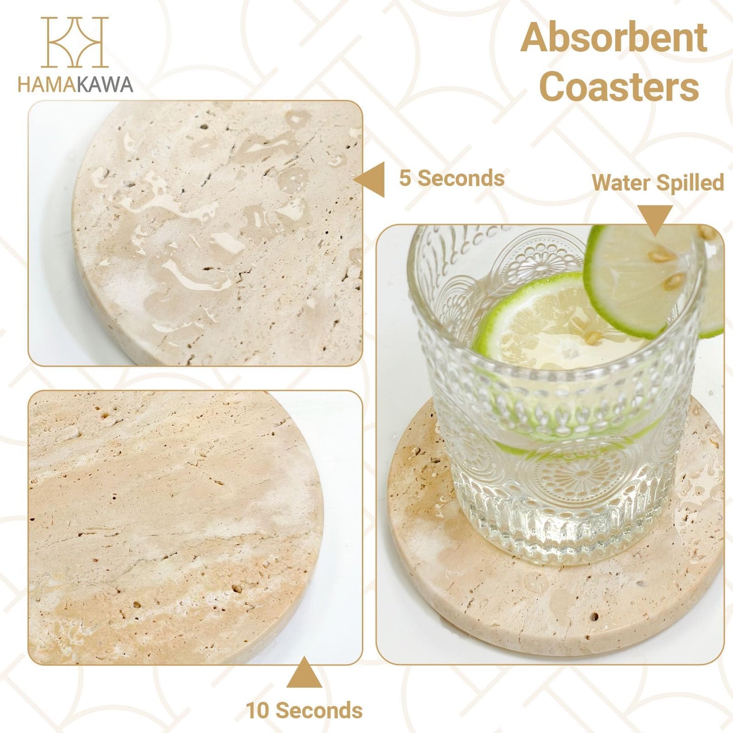 HAMAKAWA Turkish Natural Marble Coasters Set of 4, Round Travertine Coasters 4 inch, Beige Stone Drink Coaster for Home Decor, Coffee Table, Office
