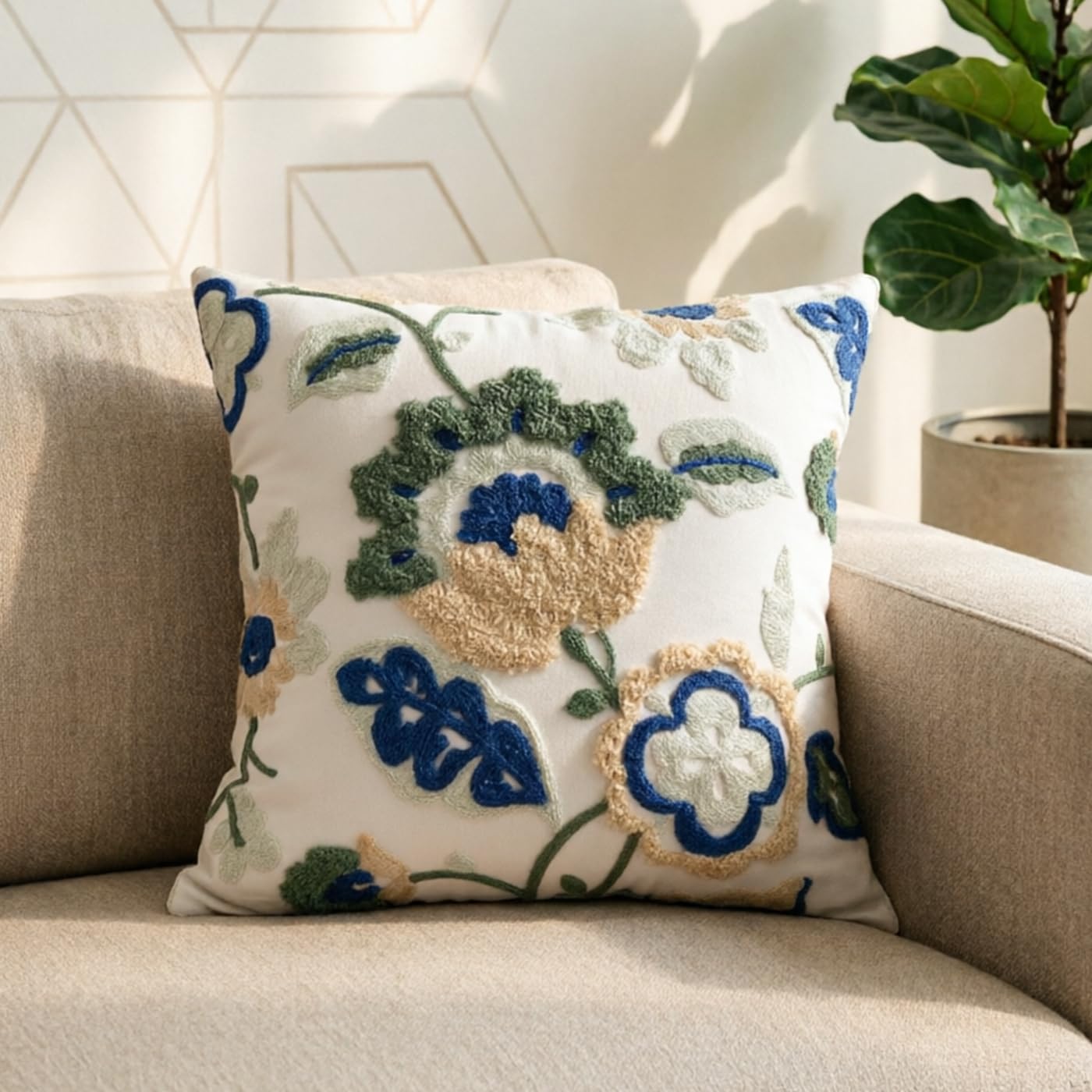 Loezexir Embroidered Throw Pillow Cover 18"x18" Set of 2,Western Boho Blue Spring Floral Decorative Pillowcase Farmhouse Aesthetic Cushion Cover Pillow Case for Outdoor Couch Sofa