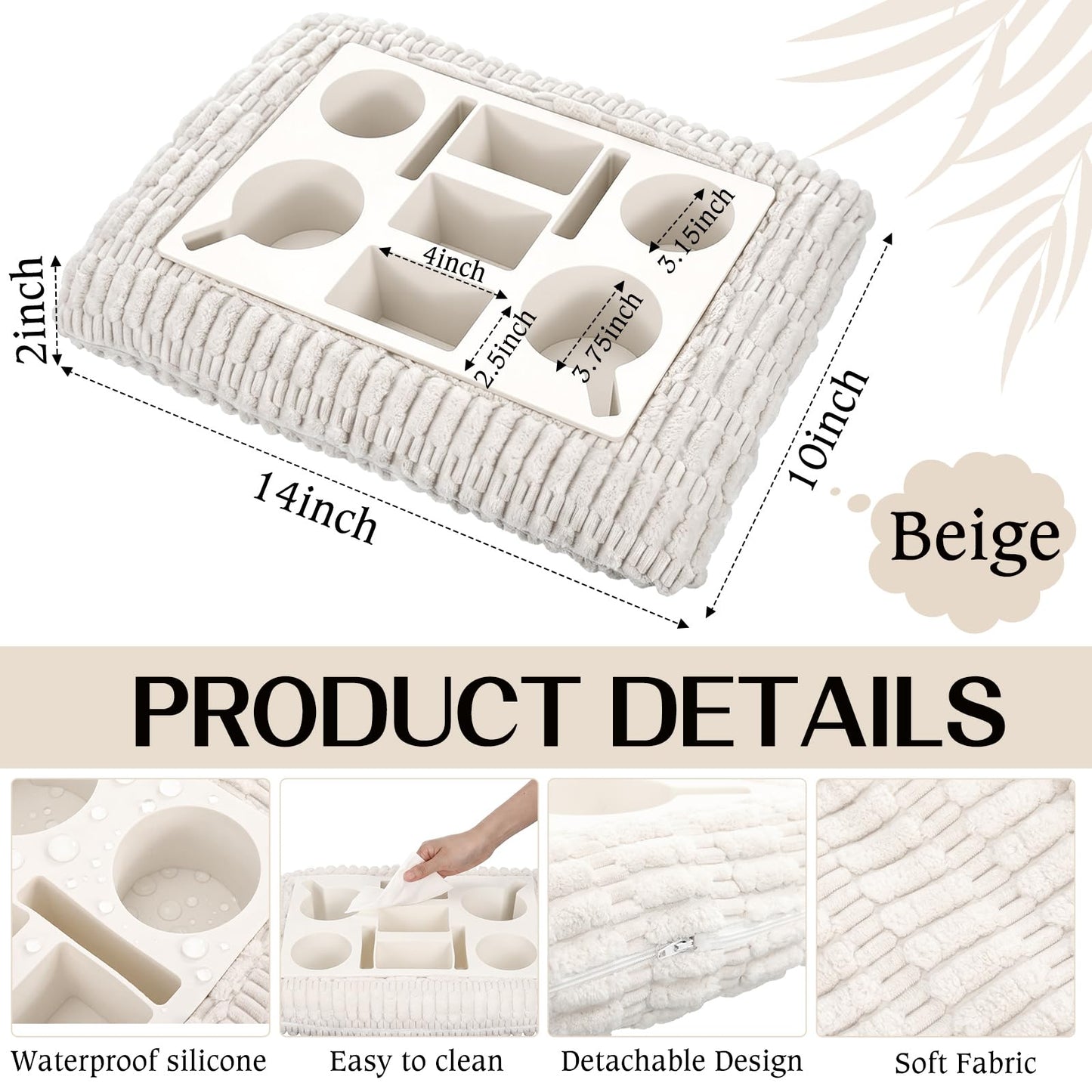 Yerliker Couch Cup Holder Tray, Foam Sofa Bed Caddy Pillow for Drink Snack Phone Remote, Silicone Lining Waterproof Anti-Spill Couch Tray for Car Seat Bed Movie Night Supplies(White)