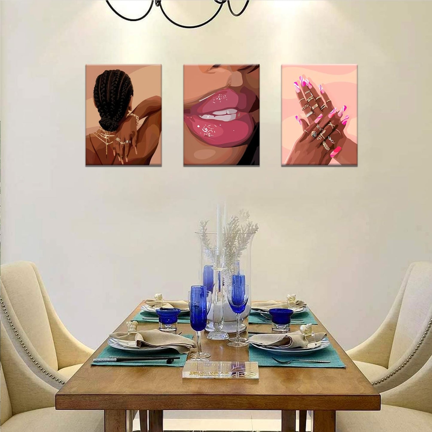 Black Girl Pink Wall Art Set of 3 African American Black Women Canvas Posters Fashion Black Girl Wall Decor Pictures Prints for Home Living Room Bedroom Bathroom Decoration 12x16 Inch Framed