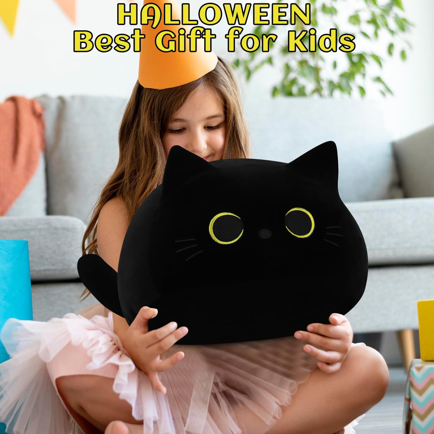 Auspicious beginning Black Cat Plush Toy-19'' Giant Black Cat Stuffed Animal, Plushie Toy Kawaii Plushies Cat Plush Pillow, Halloween Decor Plush Toys Halloween Plush Gift for Kids
