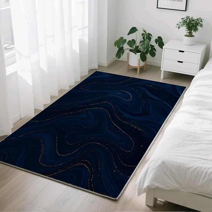 Luxury Marble Rug - 5x8 Area Rug, Navy Blue Marble Rugs, Modern Abstract Outdoor Rugs, Washable & Non Slip Carpet Home Decor