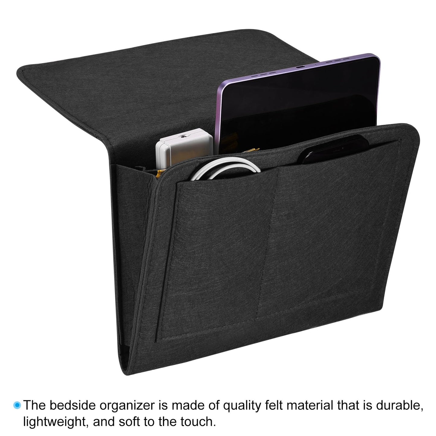 PATIKIL 11in Bedside Caddy, Bed Caddy Bedside Organizer Hanging 5 Pocket Soft Felt Bed Pockets Bedside Storage Organizer Remote Control Holder for Bedroom Phones Glasses, Black