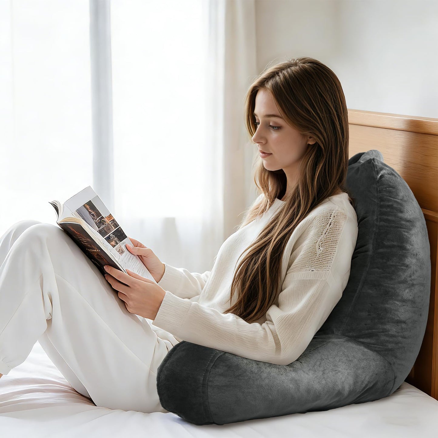 OAISZ Reading Pillow for Sitting in Bed Adult, 19" Reading Pillow with Shredded Memory Foam, Back Pillow for Sitting Up with Extend Arms, Pockets, Bed Pillow with Washable Cover, Grey