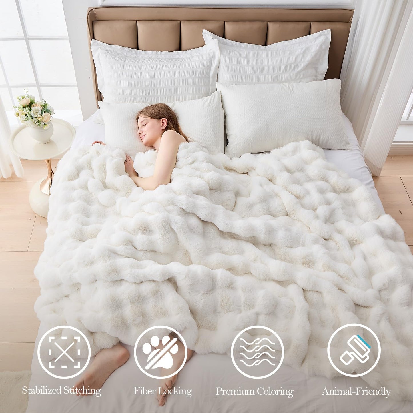 Faux Fur Queen Blanket for Couch, 1000 GSM Cozy Fuzzy Fluffy Soft Plush Thick Bubble Sherpa Blanket for Sofa Bedroom Living Room, Mothers Day Birthday Gifts for Women Home Decor