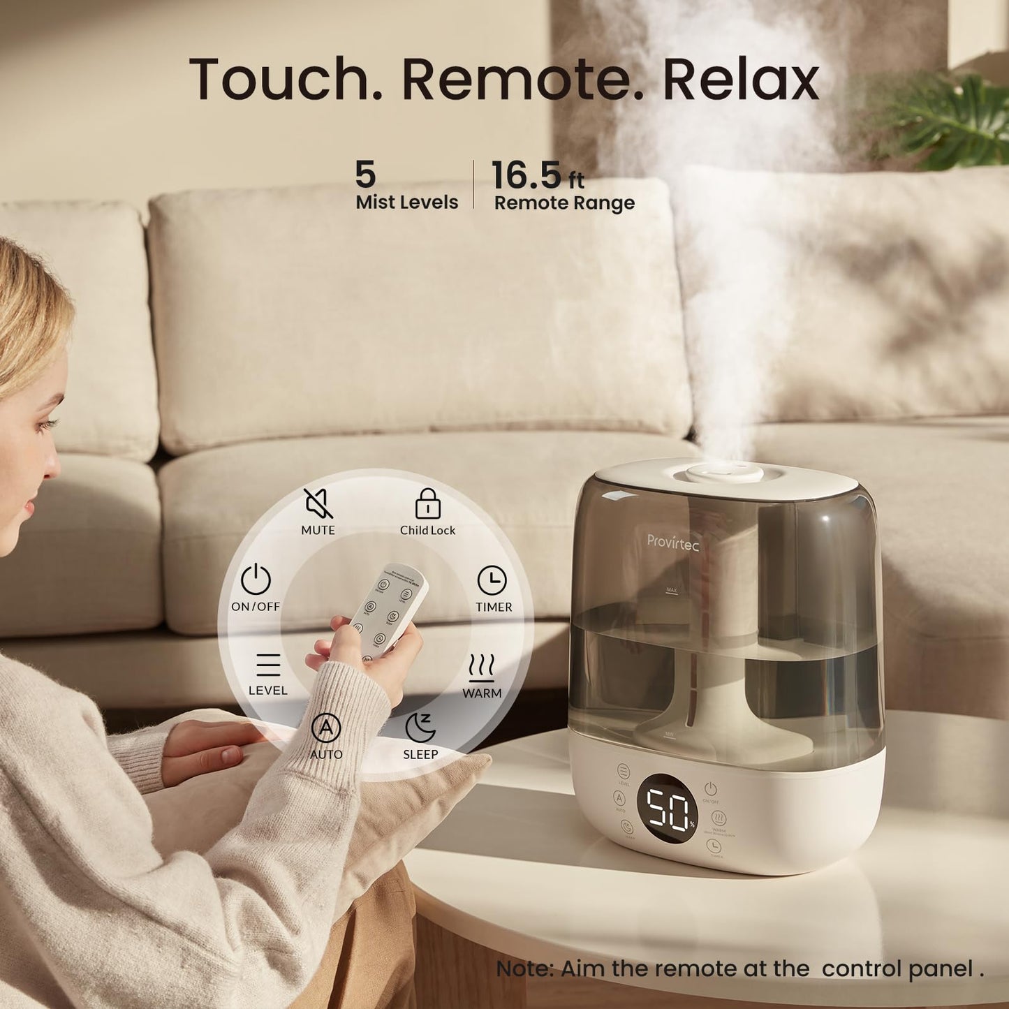 Provirtec 6L Self-Cleaning Humidifier for Large Room, CleanCare Warm & Cool Mist, No-Leak Design & Top Fill, 60 Hour Runtime, Quiet Ultrasonic Auto Mode with Remote Control for Bedroom & Home