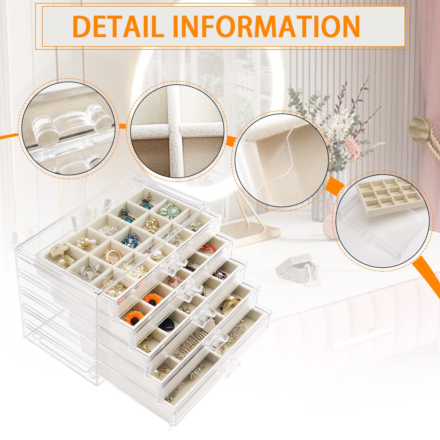 Watpot Acrylic Jewelry Box 5 Drawers Clear Earring Storage Organizer Display Case