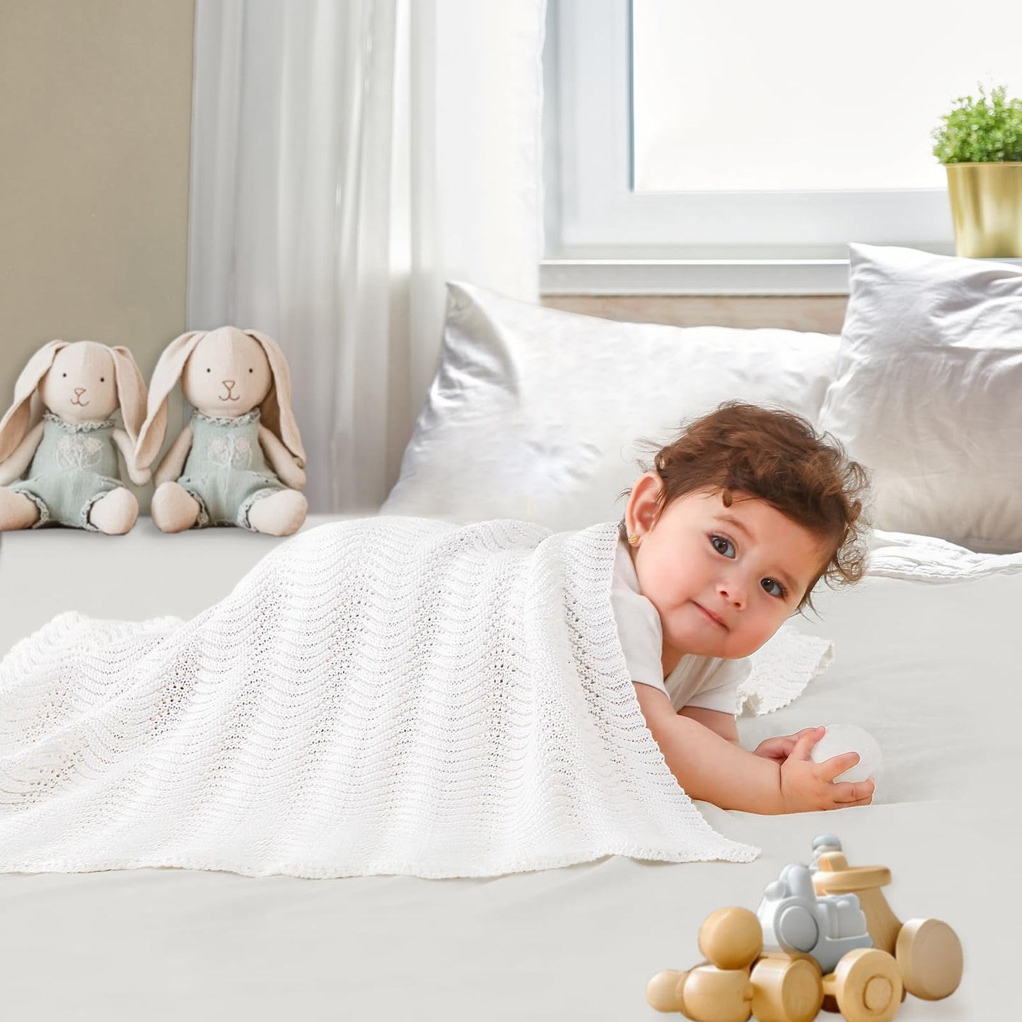 Pinuotu Cotton Knitted Baby Blanket – Neutral Swaddle Receiving Blanket for Newborn, Toddler, Boys & Girls, Crib or Stroller Blanket with Gift Box, 31×40 Inch (White)
