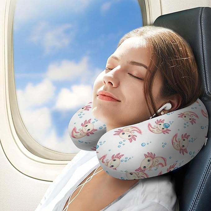 Funny Travel Neck Pillow Memory Foam U Shaped Cushion Cute Adorable Axolotl White, Washable Cover for Men Women Teens Airplane Car Sleep
