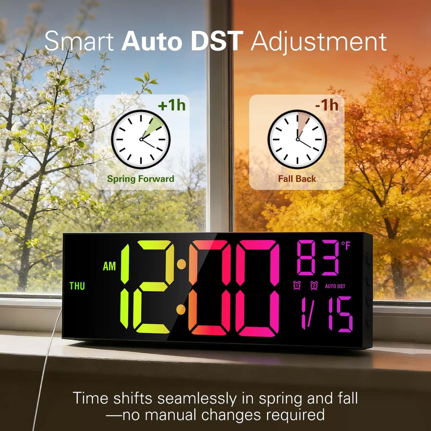 JALL 16" Large Digital Wall Mount Clock, Count Down Timer, Alarm, Big LED, RGB Color, DST, Temperature for Living Room Classroom Desk, Xmas, Birthday Gift for Senior Mom Dad (Black, 16 inches)