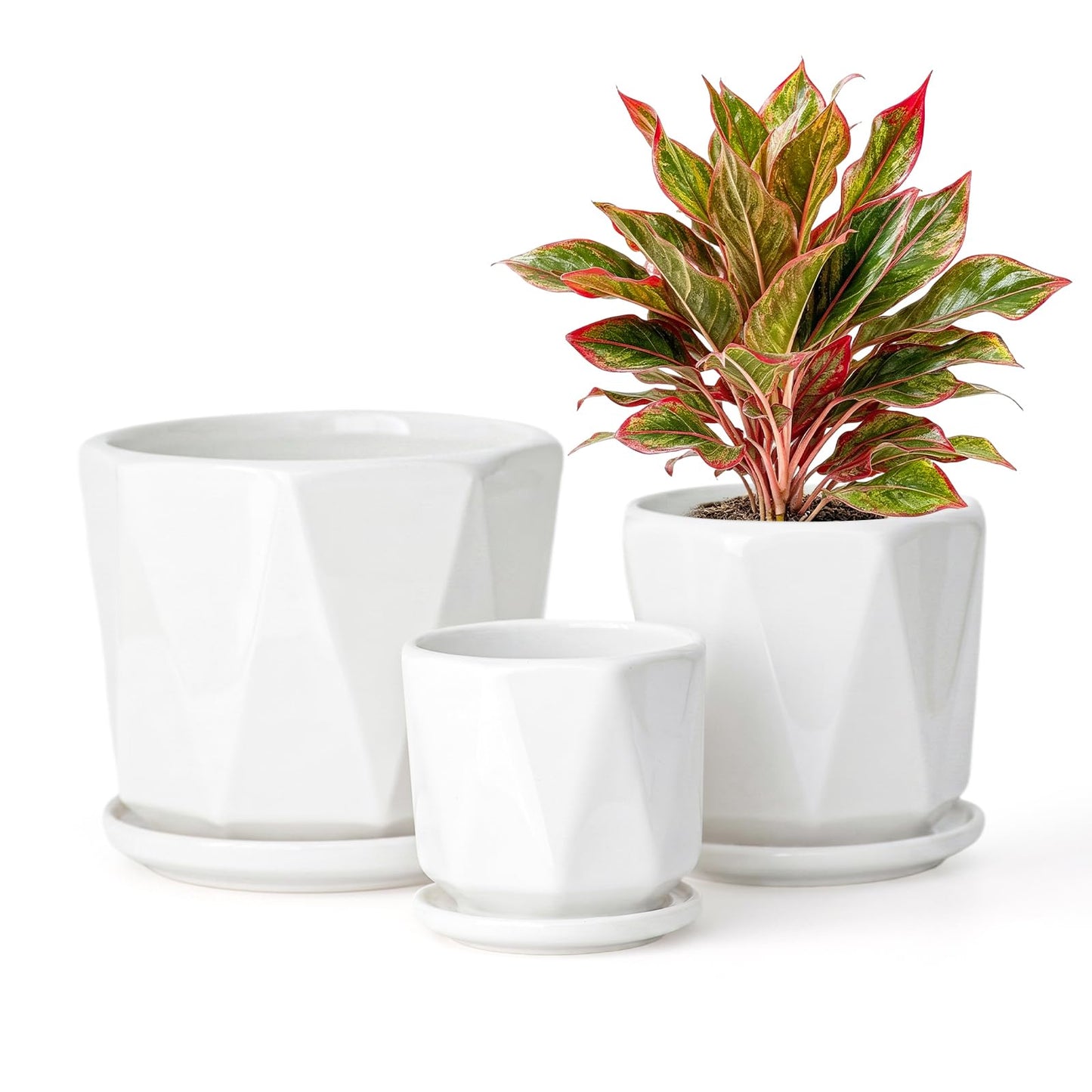 White Ceramic Planter Set of 3 with Drainage and Saucer, Indoor Plant Pots
