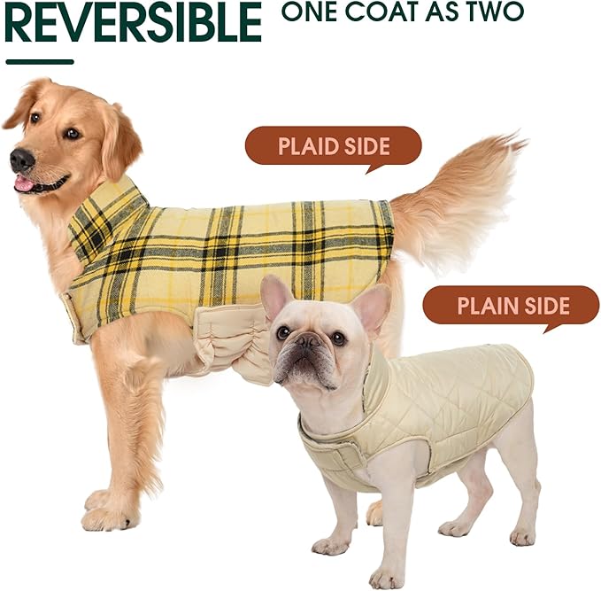 Kuoser Waterproof Dog Coat, Reversible Dog Jacket for Small Dogs, Adjustable Durable Doggie Winter Coat Warm Cozy Puppy Cold Weather Apparel from Small to Large Breed, Yellow S