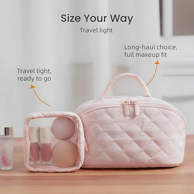 Amposei Makeup Bag Travel Toiletry Bag,Travel Makeup Bag for Women, Puffer Waterproof Cosmetic Organizer, Large Capacity Pouch Open Flat Small Toiletry Bag with Brush Compartment & Handle (Pink)
