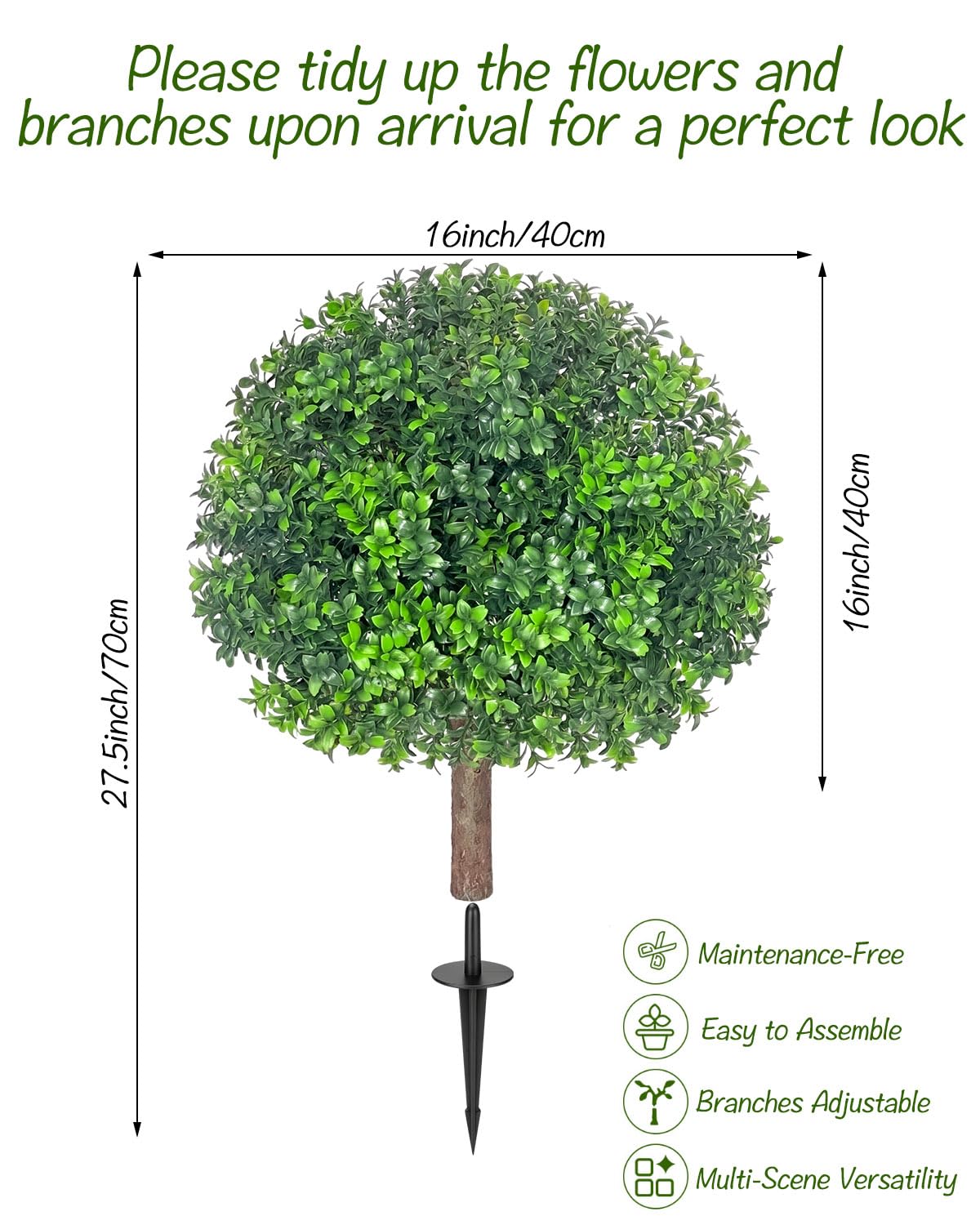 27.5" Artificial Boxwood Topiary Ball Trees for Outdoor with Round Spike, Set of 2 UV Resistant Fake Bushes Artificial Outdoor Shrubs for Front Porch Planters, Weatherproof Faux Greenery Plants Decor