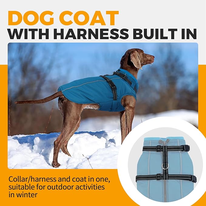Lelepet Waterproof Dog Jacket with Harness Built in Warm Dog Winter Coat, Reflective Windproof Fleece Jacket, Dogs Coats for Lage Dogs, Thermal Pet Snowsuit for Cold Weather, French Bulldogs, Blue, L