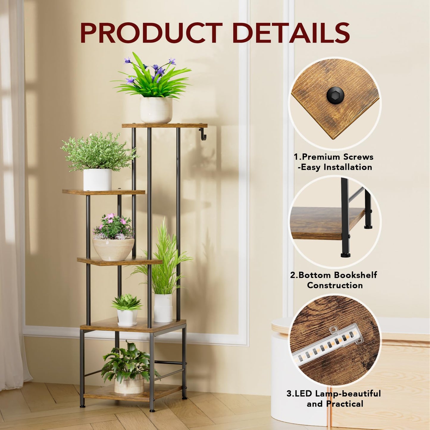 Homsorout Plant Stand Indoor with Grow Light - 5-Tier Metal Plant Shelf with Hanging Basket Hook, Corner Tall Flower Holder for Multiple Plants, Living Room Balcony Garden Patio, Rustic Brown