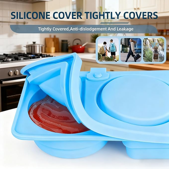 Dobyusf 8-Pack Collapsible Silicone Snack Containers - Round & Square Shape with Utensil Holder, BPA-Free Foldable Food/Sauce Storage for On-the-Go, Microwave & Dishwasher Safe
