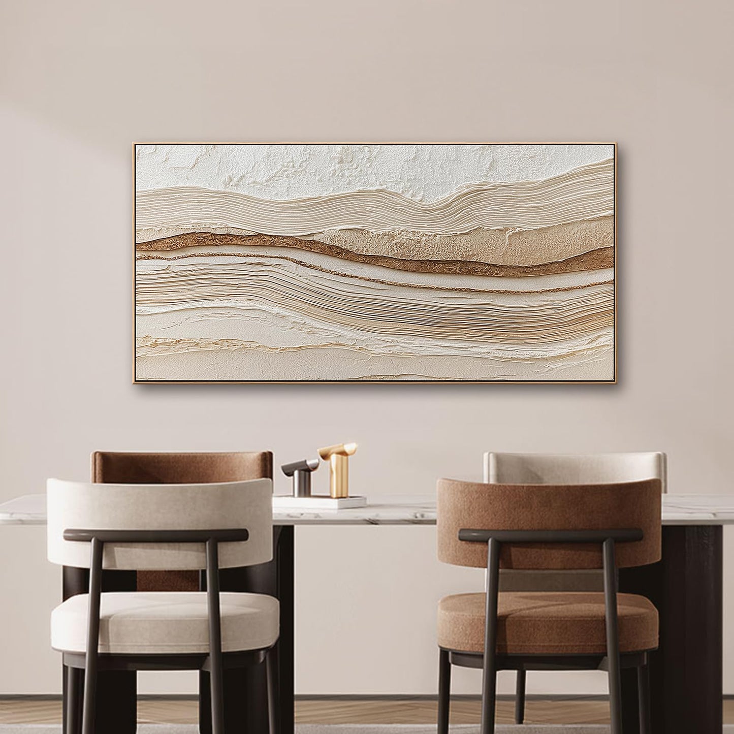Sorbrozo 3D Abstract Textured Wall Art 24x48 Inch Framed Neutral Beige and Gold Wavy Landscape Canvas Print Modern Decor for Living Room Bedroom & Office