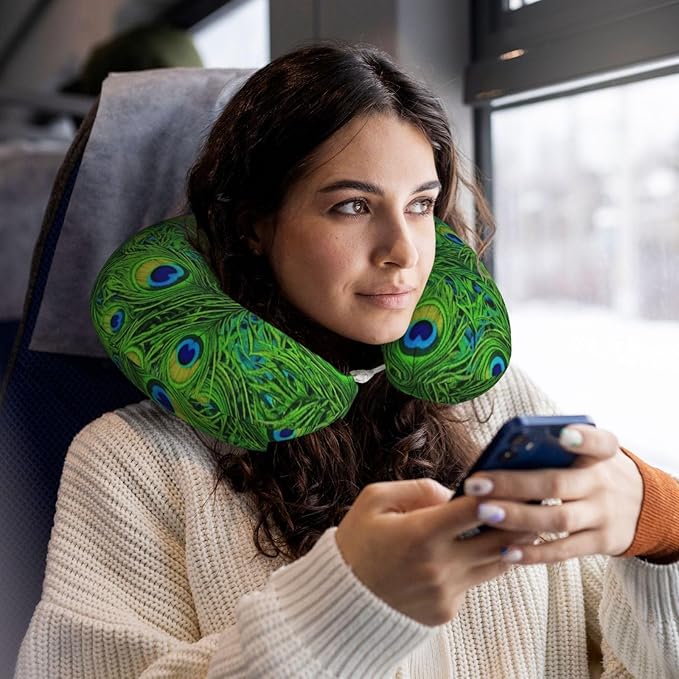 Neck Pillow Memory Foam Chin Cushion with Breathable Cover Animal Beautiful Peacock Feather Green, Cute Airplane Car Pillows for Office Head Pain Relief