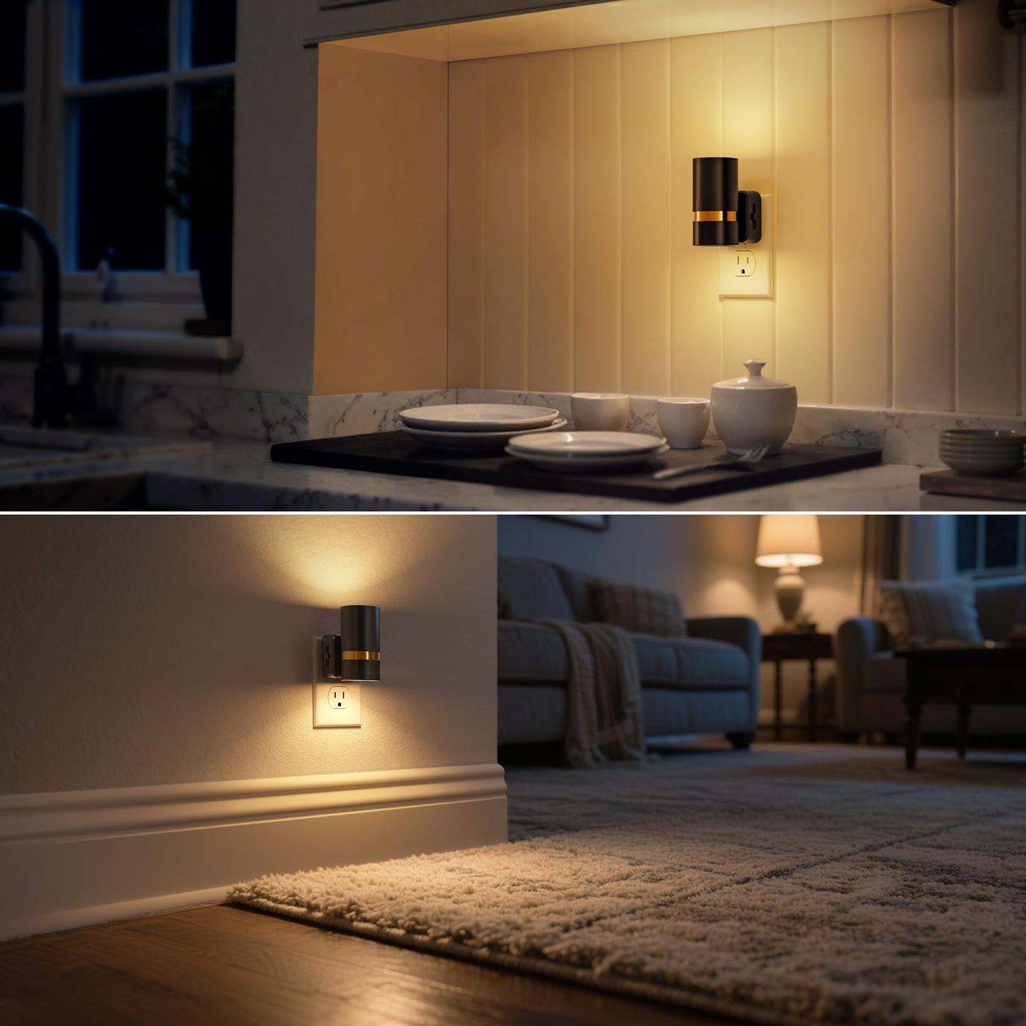 DORESshop LED Night Lights Plug into Wall, 2 Pack, Black Cylinder Wall Sconce Dimmable Night Light Plug in, Slide Brightness Adjustable with Dusk to Dawn Sensor, 3000K Warm White for Bedroom, Hallway