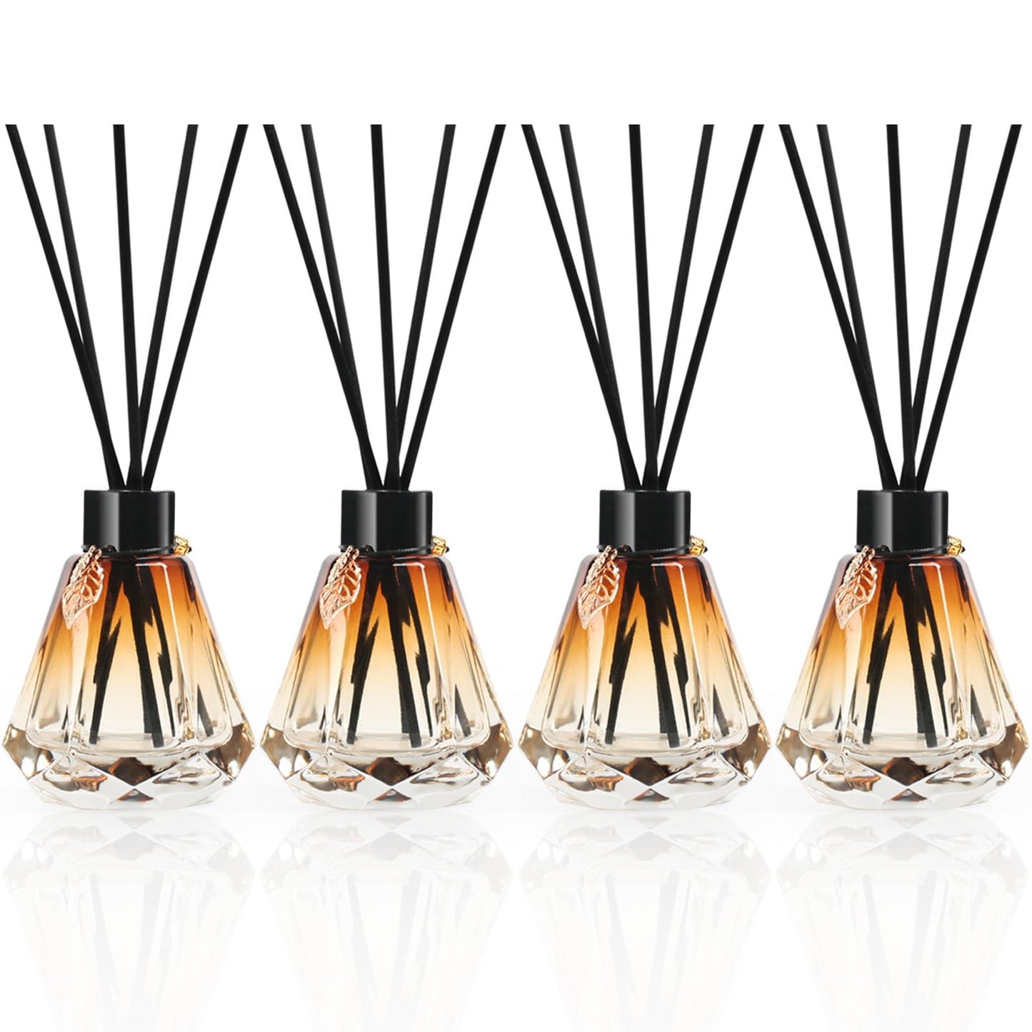 Reed Diffuser Set - 4 Empty Bottles with 20 Sticks, Delicate Gold Leaf Decor, Glass Fragrance Diffuser with Lids for Home, Bathroom | Refillable, Diamond Style (4 PCS Black)