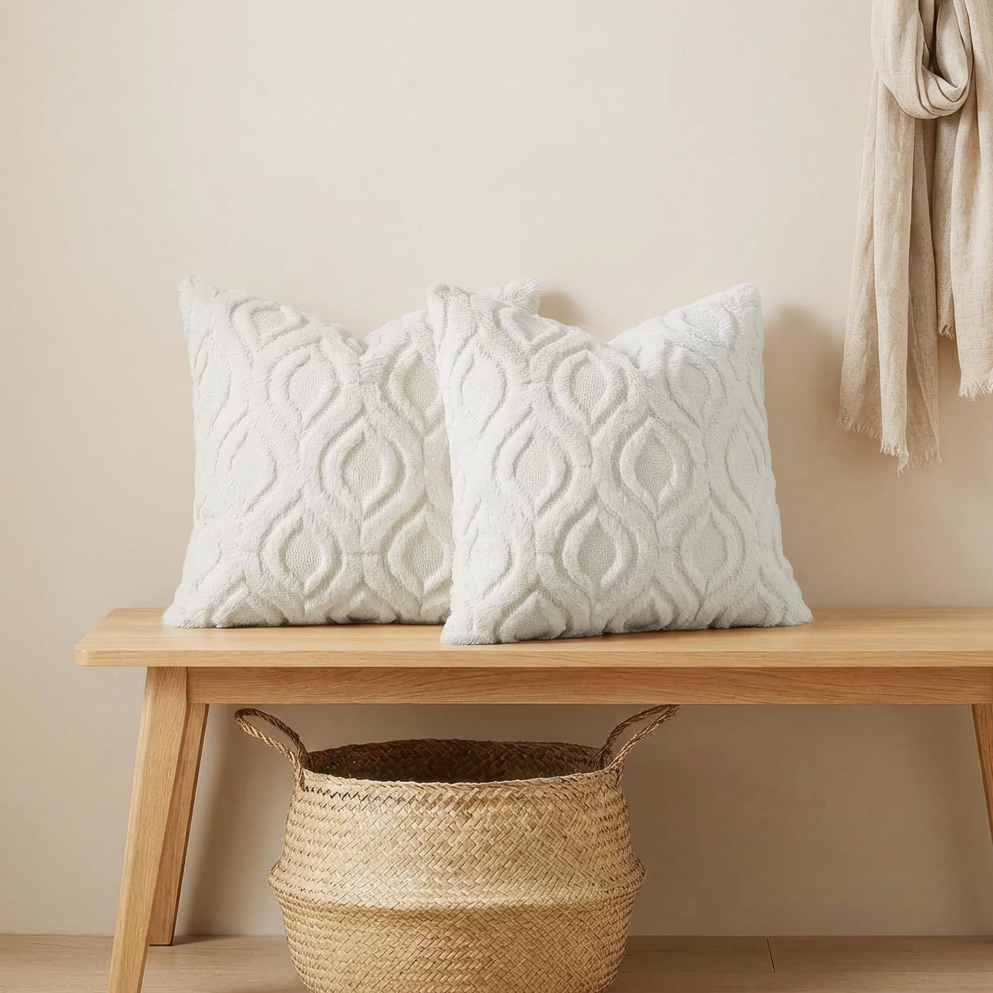 decorUhome Throw Pillow Covers 24x24 Inch Set of 2, Soft Plush Faux Wool Cream White Solid Couch Pillow Covers, Accent Euro Sham Farmhouse Neutral Square Pillow Cases for Sofa Bed Living Room
