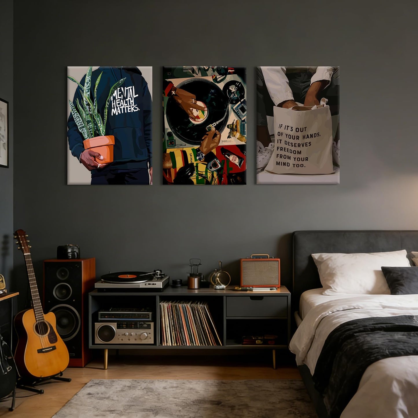 Black Men Wall Art African American Man Canvas Wall Decor Black People Art Posters Music DJ Pictures Fashion Mens Prints Record Painting Artwork for Bedroom Living Room 12x16 Inch Wrapped Canvas 3Pcs