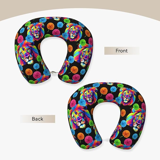 Comfortable Memory Foam Travel Neck Pillow, Funny Chin/Head Cushion Supporting Airplane Car Pillows Watercolor Lion Art Painting for Sleeping Outdoors Travel Office