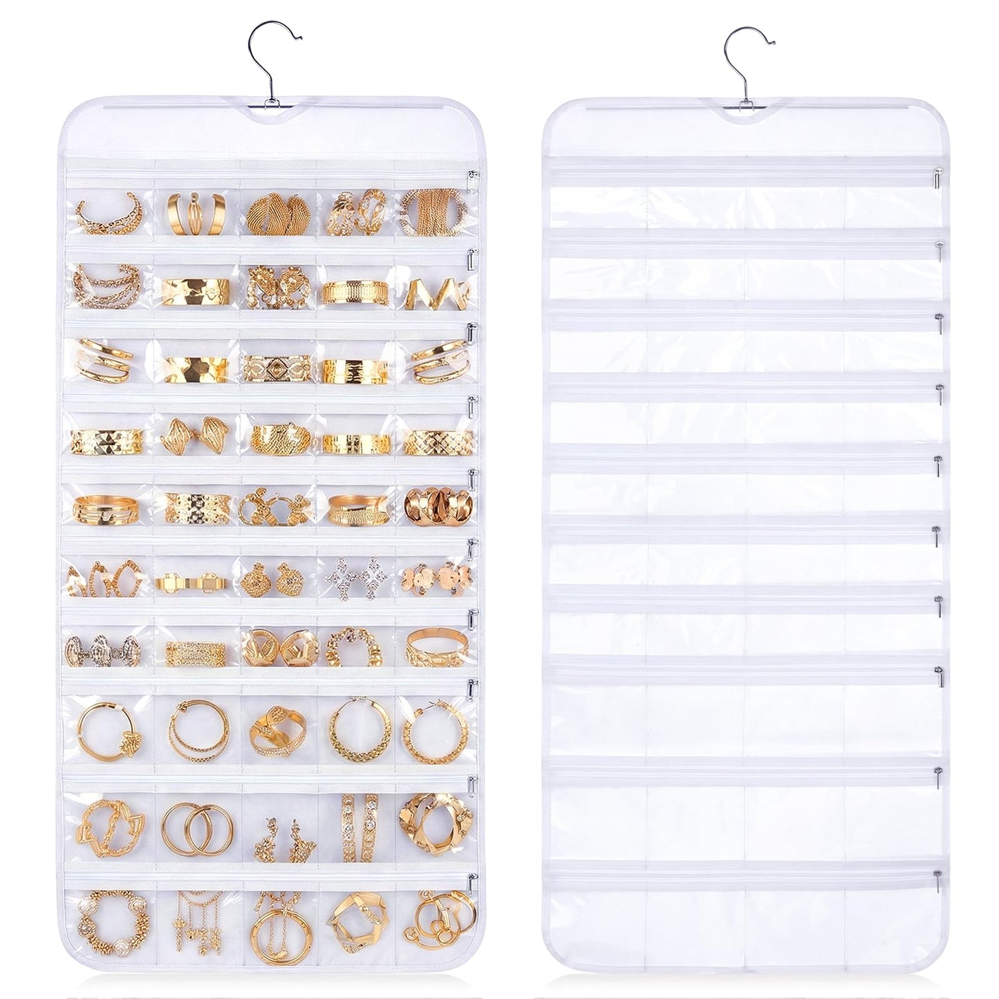 Xosjska 2 Pack Hanging Jewelry Organizer 80 Zippered Pockets 80-Pocket Dual-sided Jewelry Storage for Necklace Bracelet Earring RingsTravel Holder - White