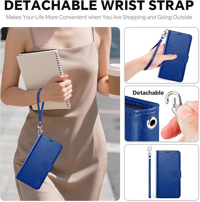 TUCCH 2-in-1 Detachable Wallet Case for iPhone 17 (6.3-inch) 2025, RFID Blocking 4 Card Slot | Wireless Charging | Wrist Strap | Kickstand | Magnetic | PU Leather | Protective Flip Cover | Klein Blue