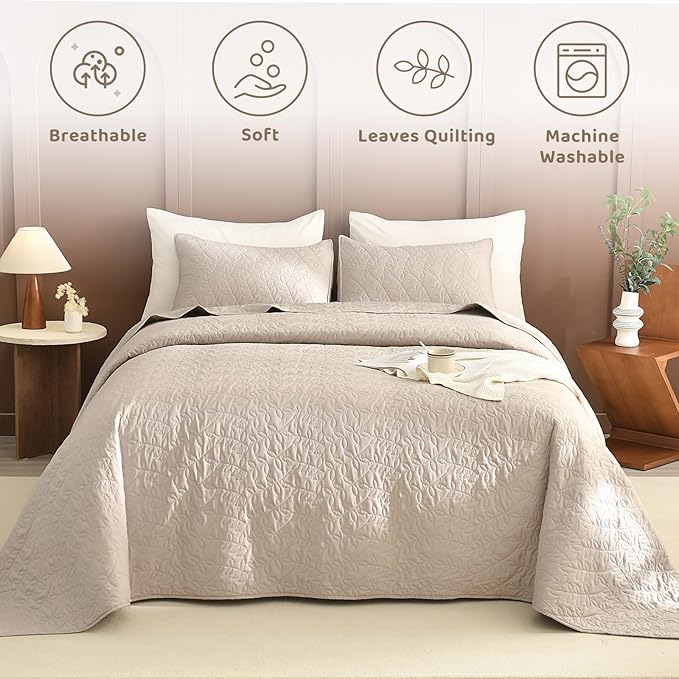 Sanracie Oversized Queen Quilt Bedspread 102"*118", 100% Cotton Quilt Bedding Set 3pcs Linen Colored Extra Large Wide Coverlet Queen Size Lightweight Soft and Cozy Cloud Bed Quilts for All Season